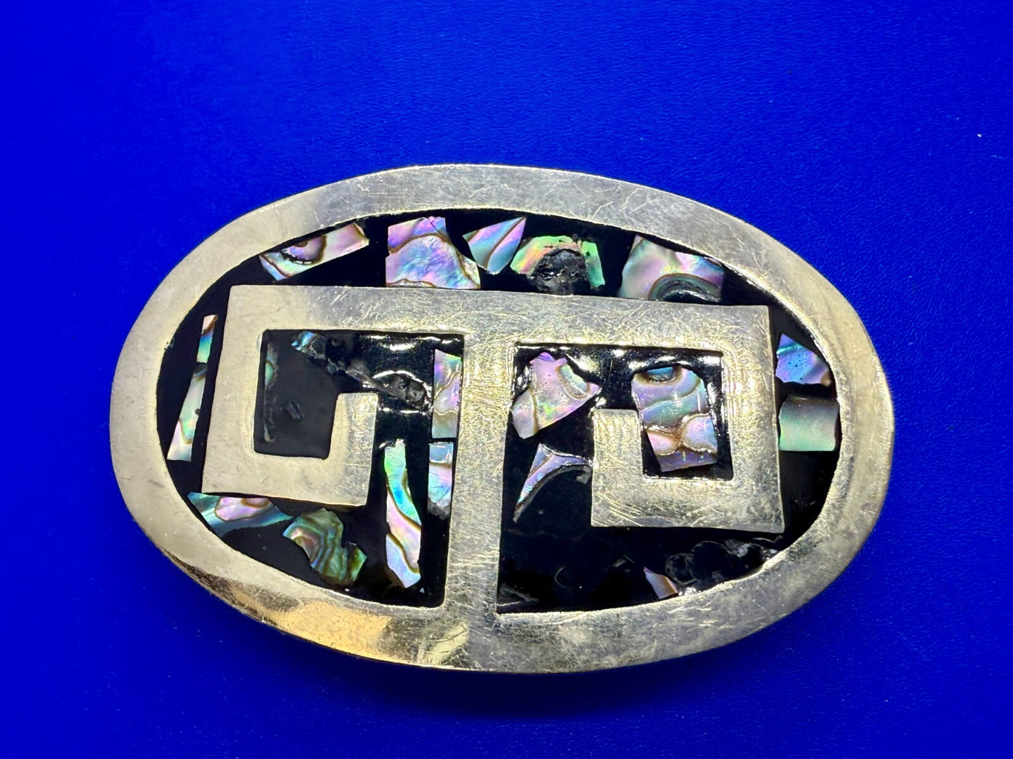 Vintage Alpaca Mexico Silver Tone Abalone Shell Pattern Oval Belt Buckle
