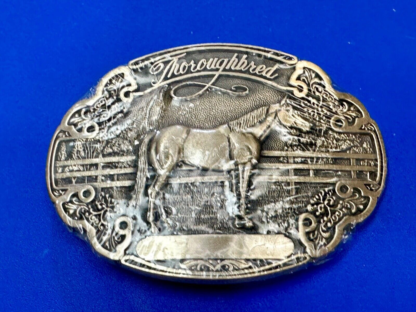 Thoroughbred Horse with Award Ribbon NOS Vintage ADM Solid Brass Belt Buckle