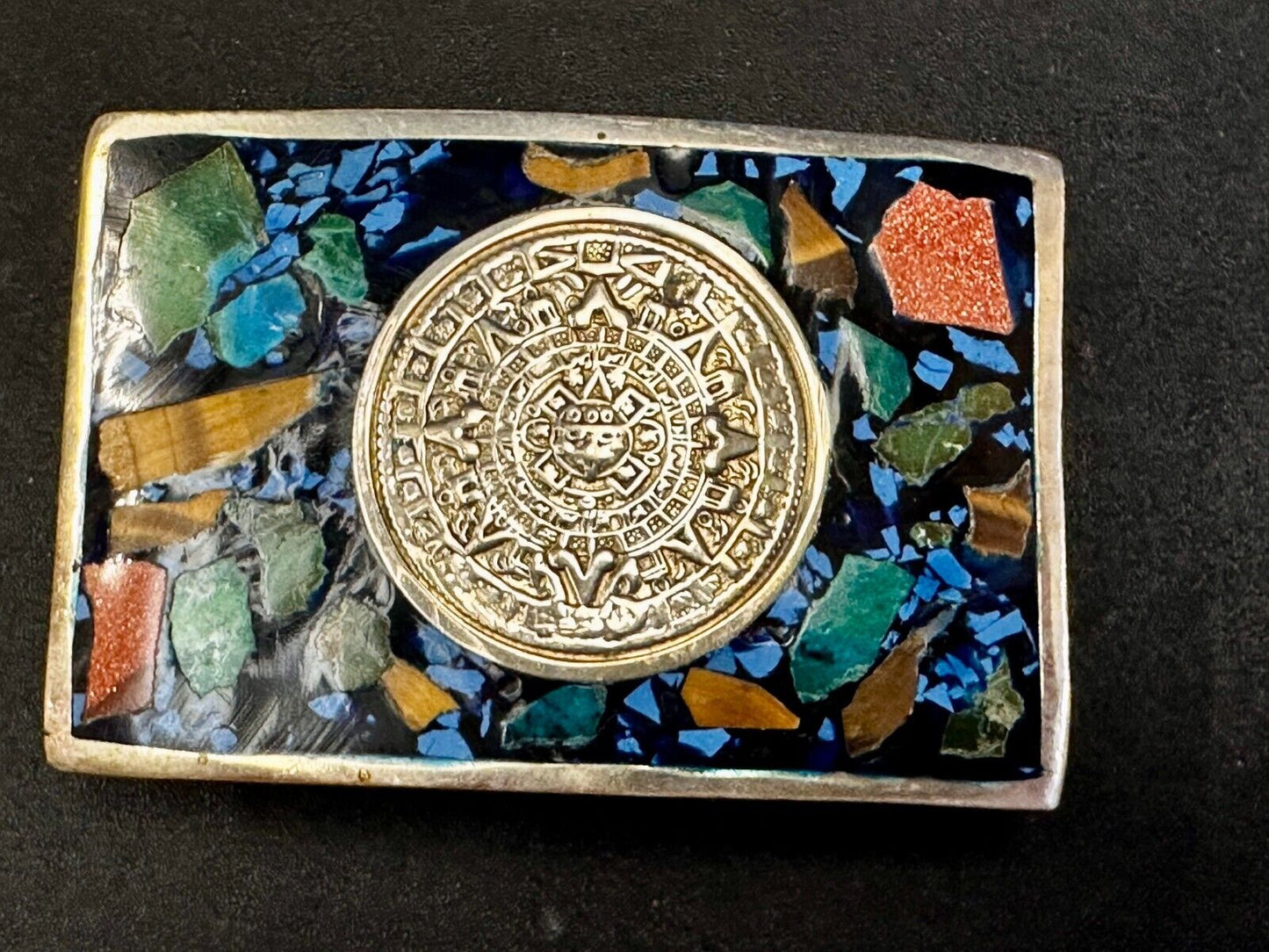 Aztec Mayan Calendar Sun God Face Turquoise Multi Stone Chip Inlay Belt Buckle