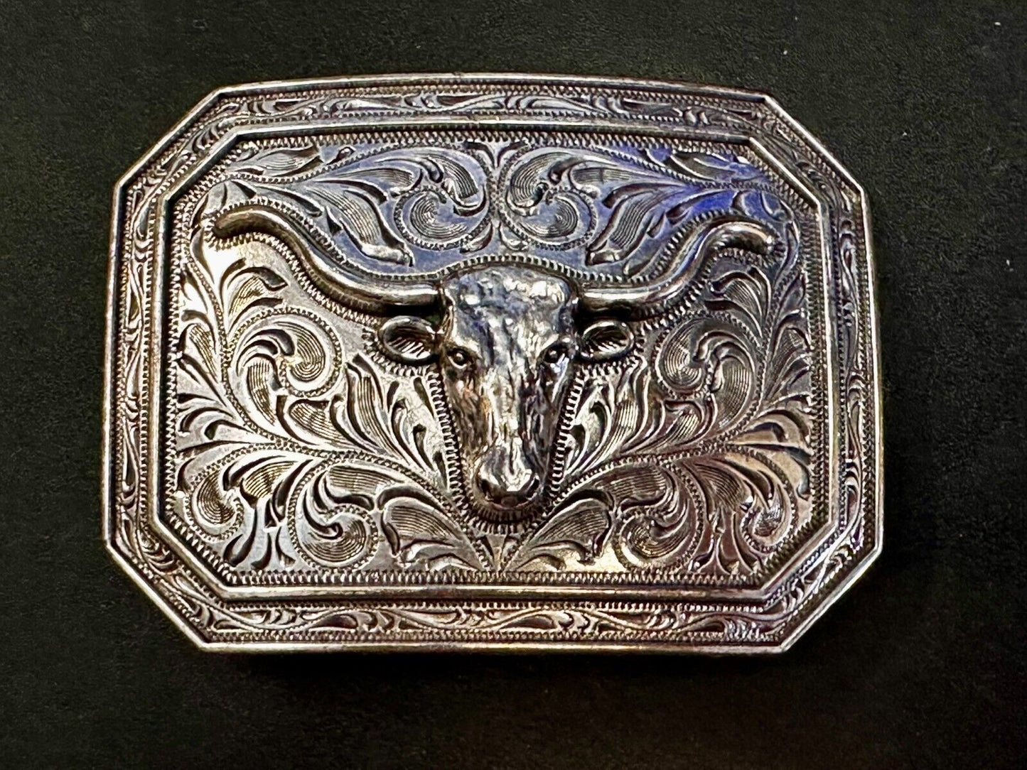 Texas Longhorn Cow Head Steer Ornate Silver Color Western Cowboy Belt Buckle