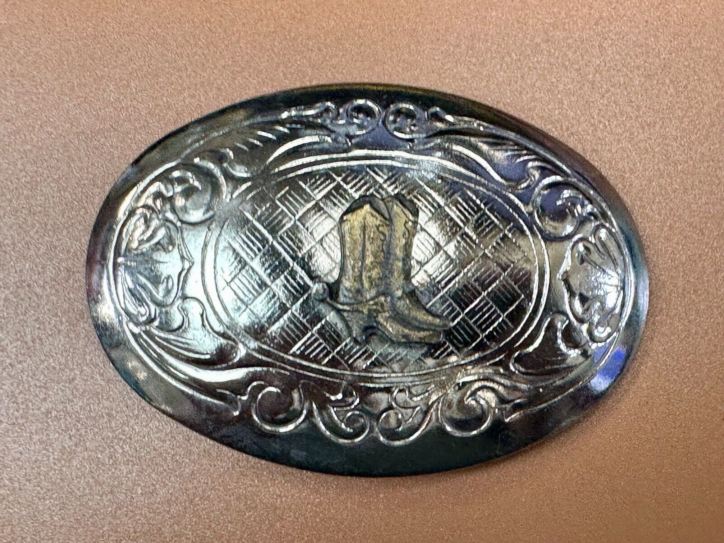 vintage Cowboy Boots western theme two tone flower swirl design belt buckle