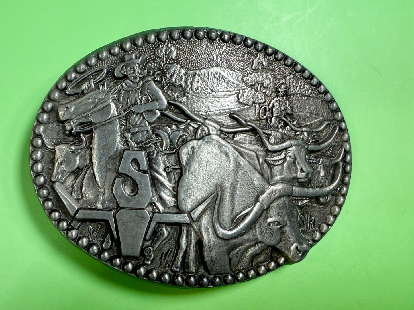 Vintage Cowboy Cattle Drive Belt Buckle 3.75" X 2.75" Pewter Zee Series by ADM