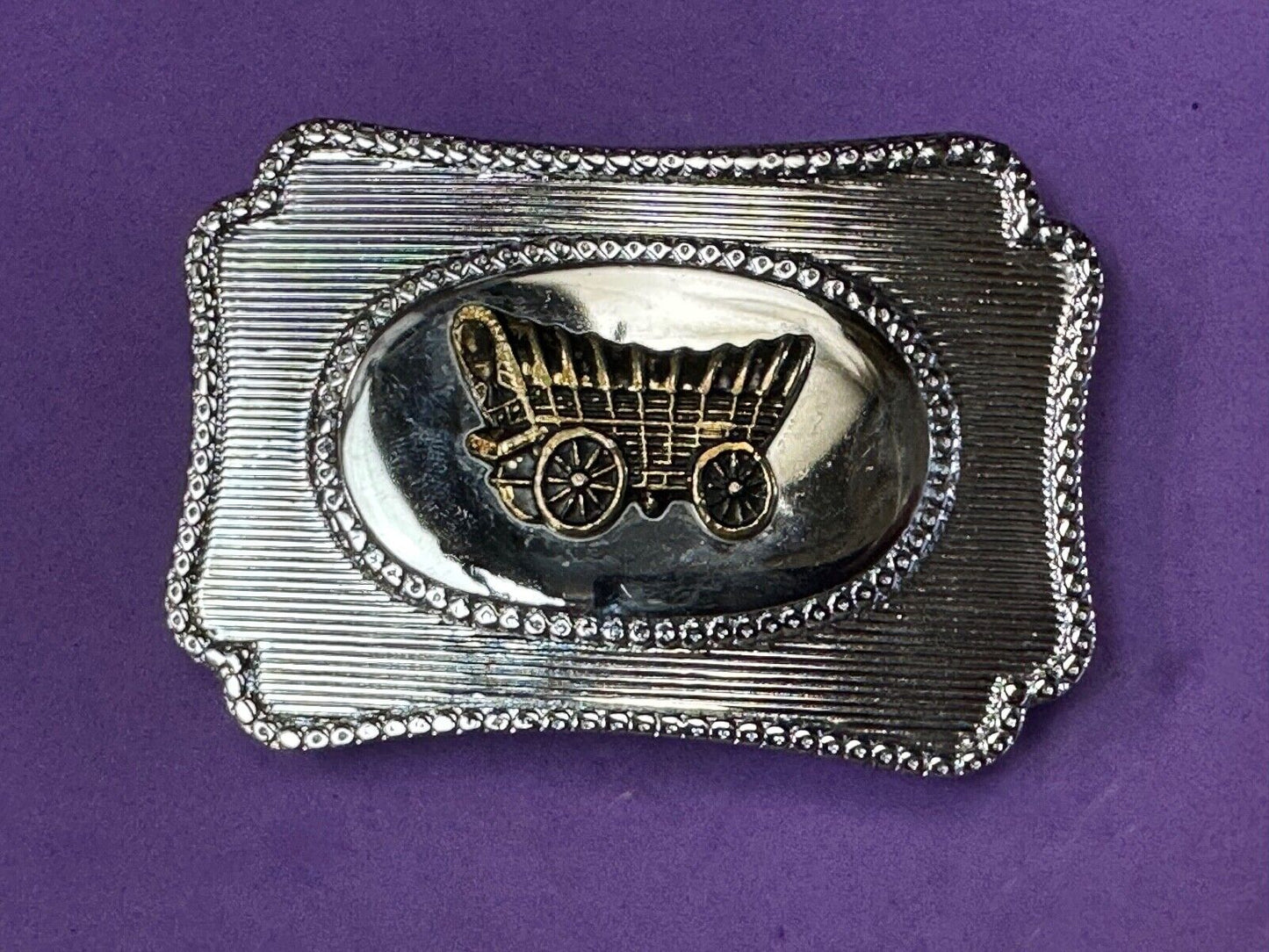 Vintage Horse Drawn Covered wagon on western two tone belt buckle