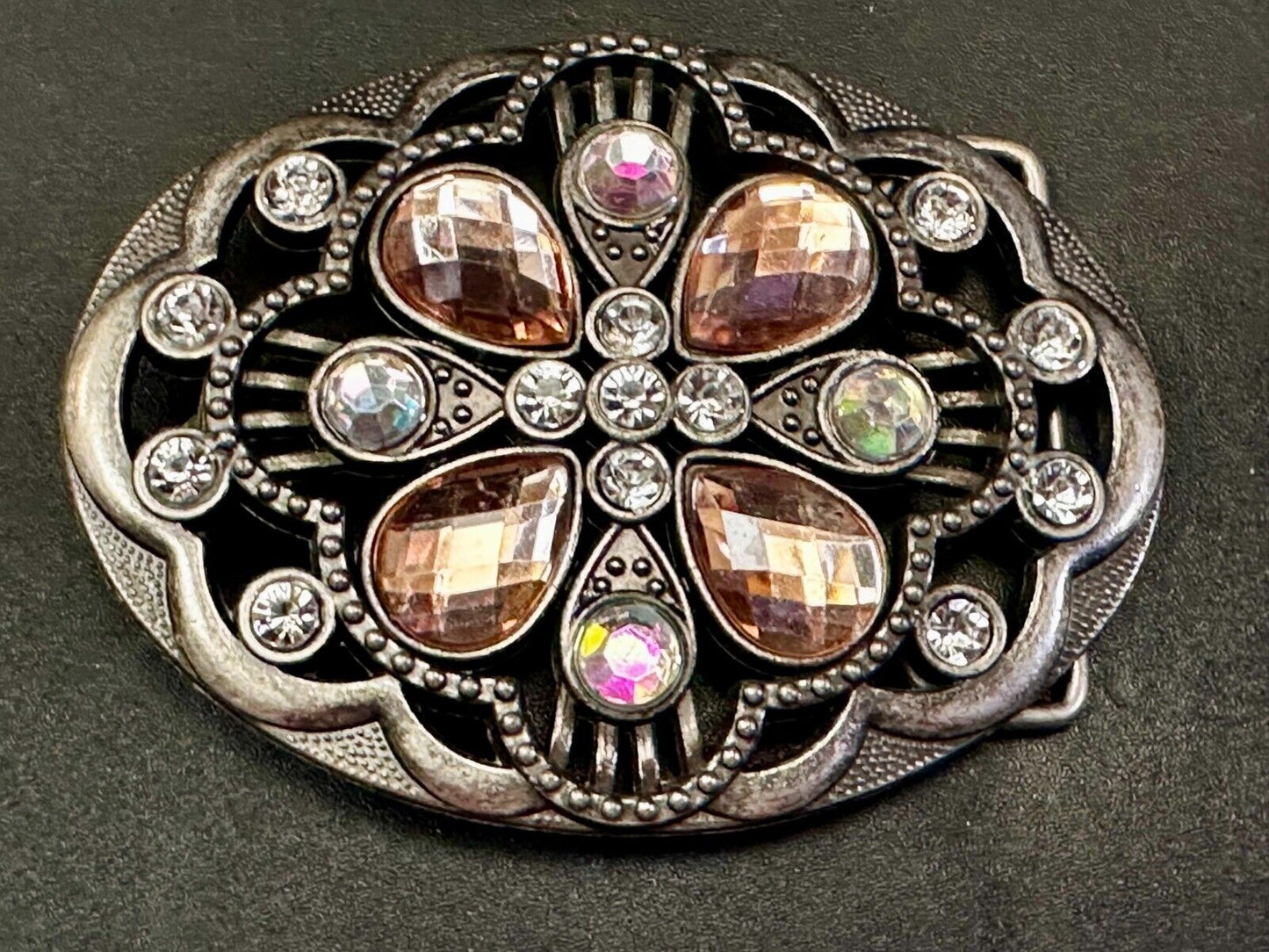 Beautiful Floral Design Silver Tone Metal W/ Rhinestones See Through Belt Buckle