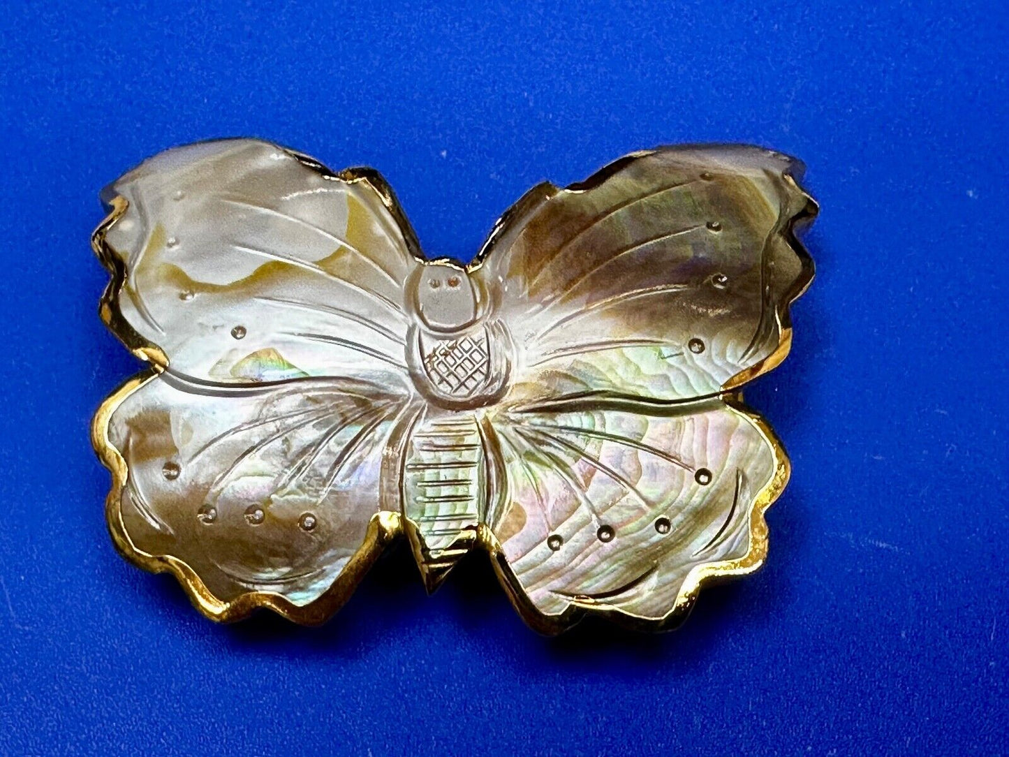 Vintage Butterfly Shaped MOP Mother of Pearl Cutout Gold tone Belt Buckle Slide