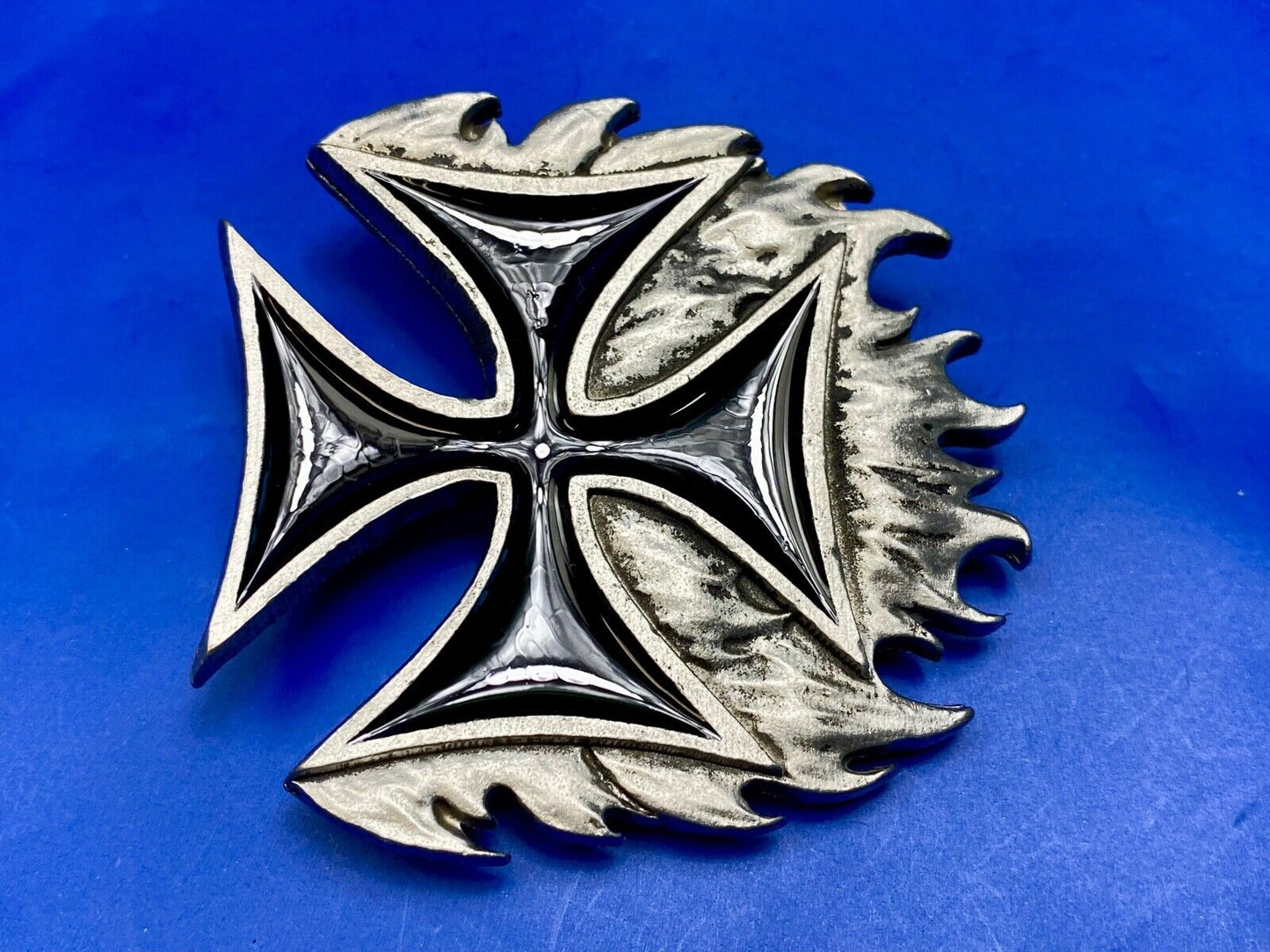 Black Enamel Maltese Cross w/ flames - NOS Monster belt buckle 2000 Mobtown USA