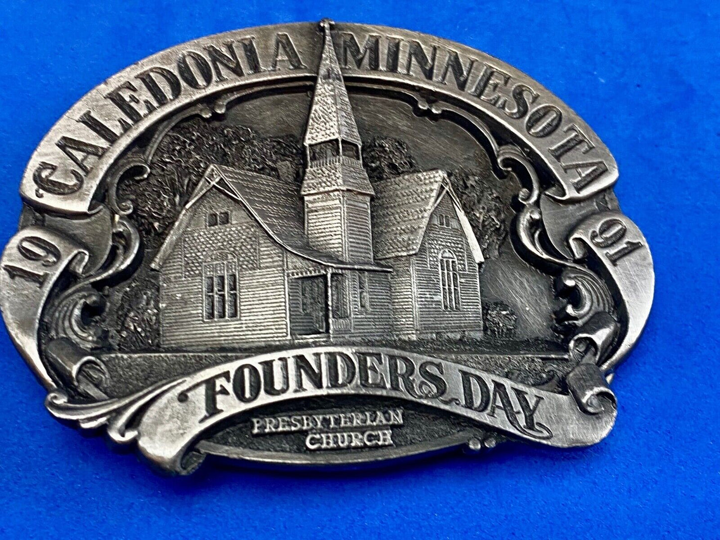 Vintage 1991 - Founder’s Days Caledonia MN belt buckle - presbyterian church