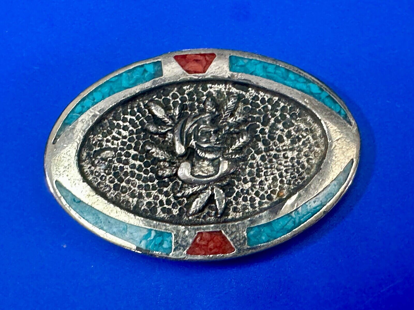 Beautiful ROSE flower Crushed Turquoise and Coral chip Boarder belt buckle by TT