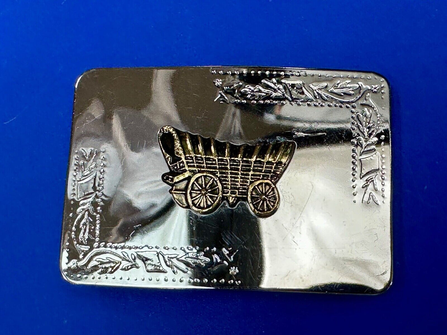 Vintage Covered Wagon two tone reflective rectangular belt buckle