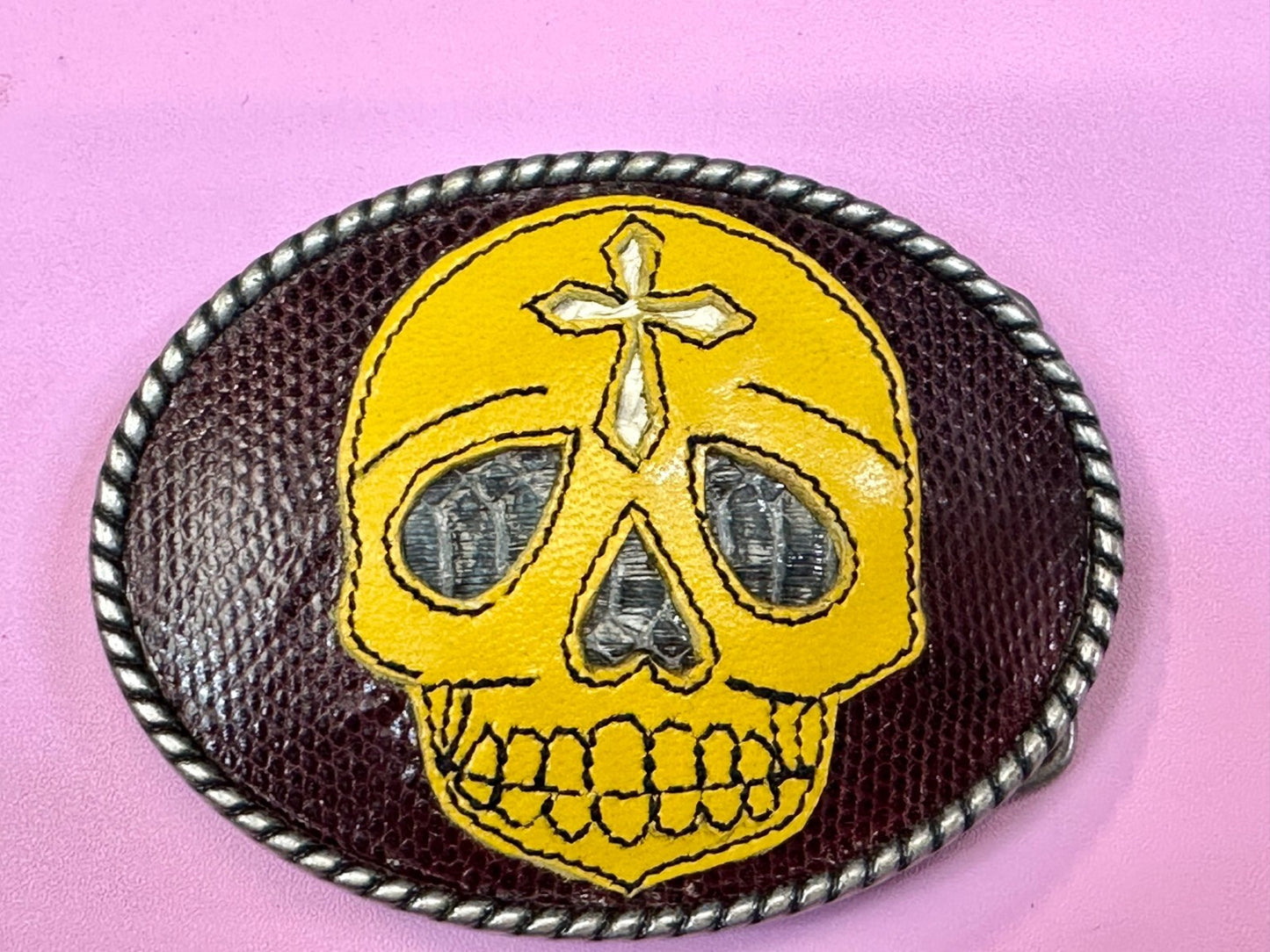 Aztec Skull Head Cross Leather Mexican Mexico Day Of The Dead Ivan Belt Buckle