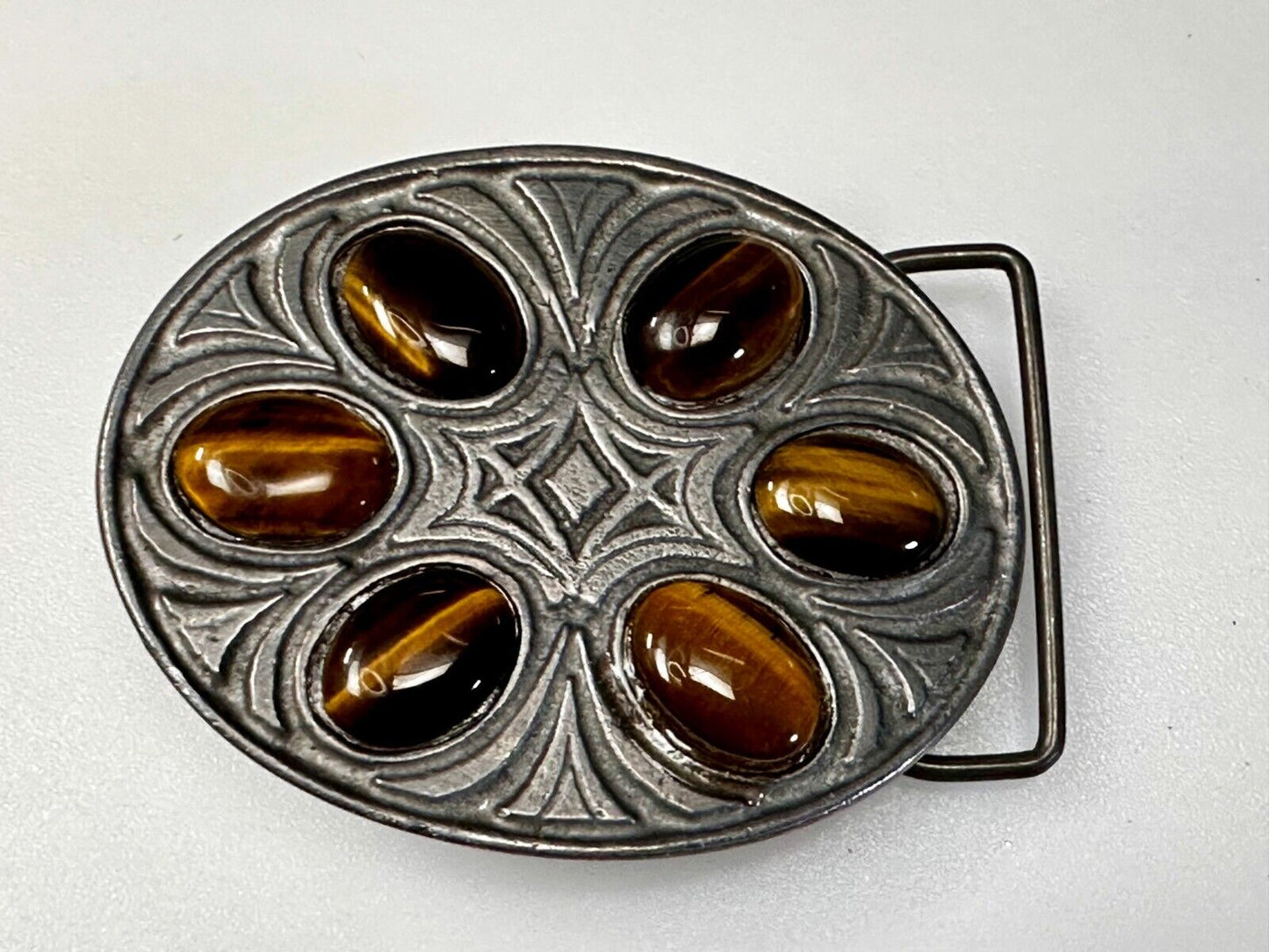 Tigers Eye Gemstones Cabs Native Indian Style? Vintage Pewter Oval Belt Buckle