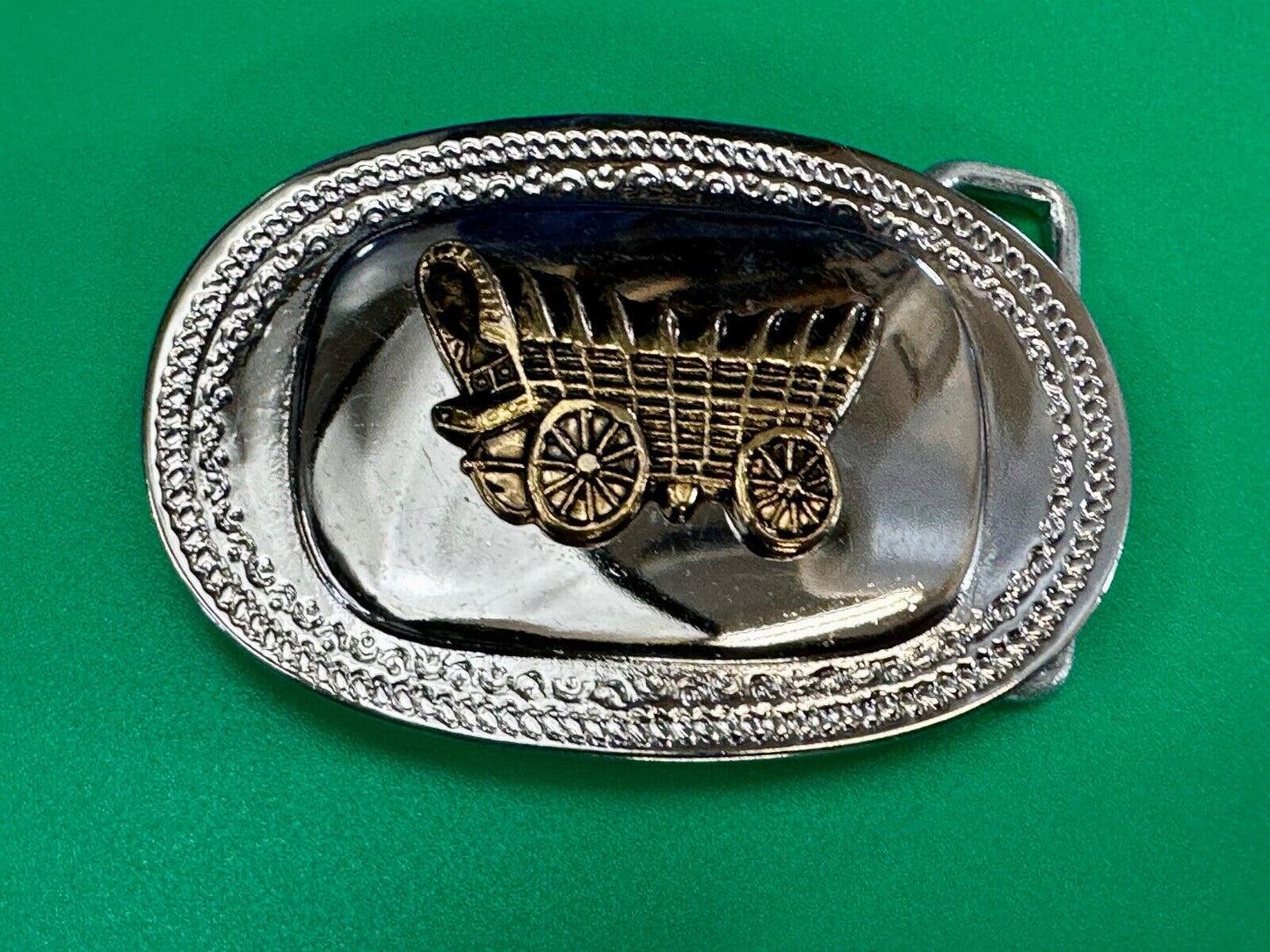 Vintage Covered Wagon - western two tone outlined belt buckle