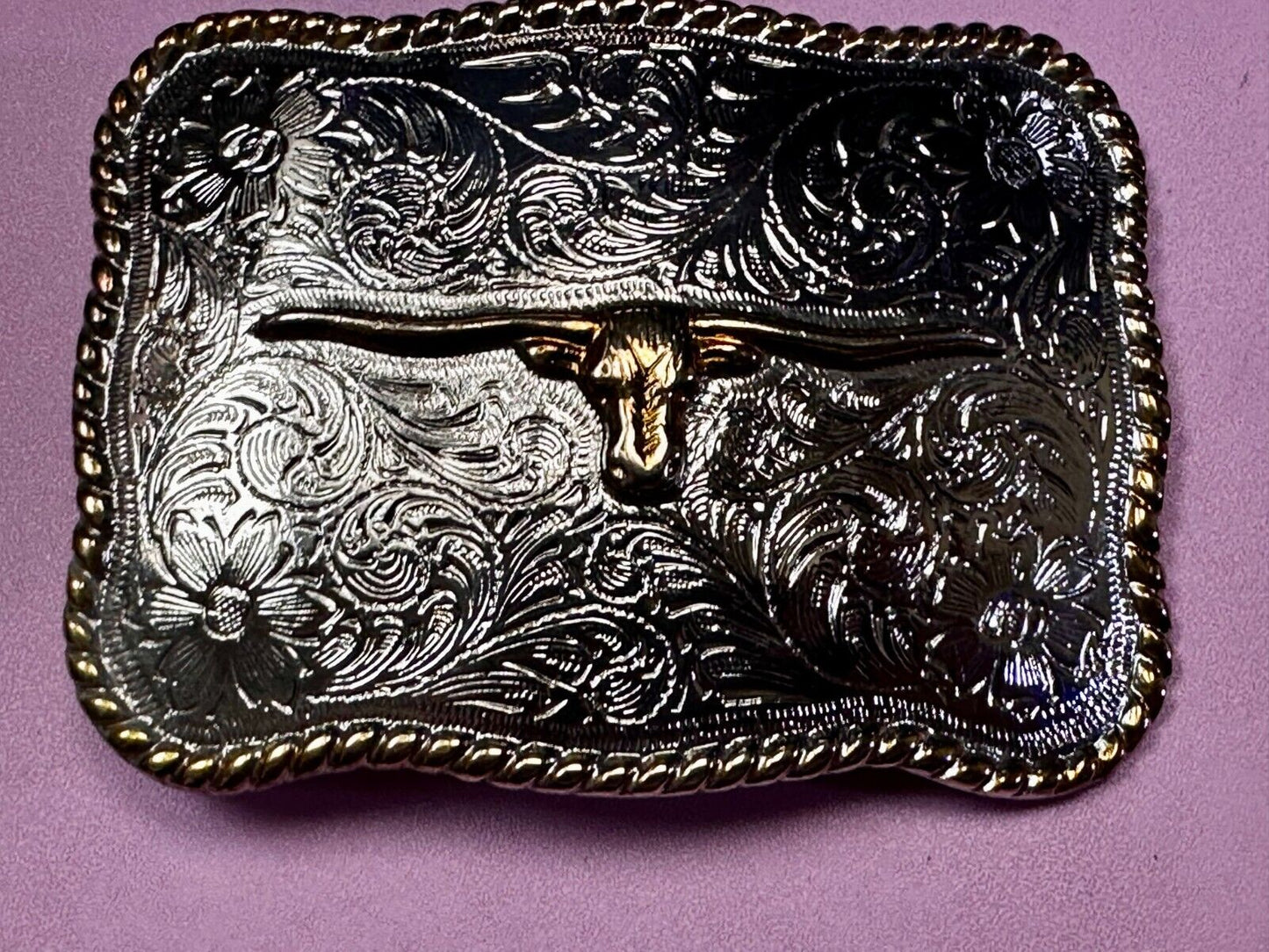 Texas Longhorn Vintage Western Flower Swirl Design Belt Buckle With Rope Boarder