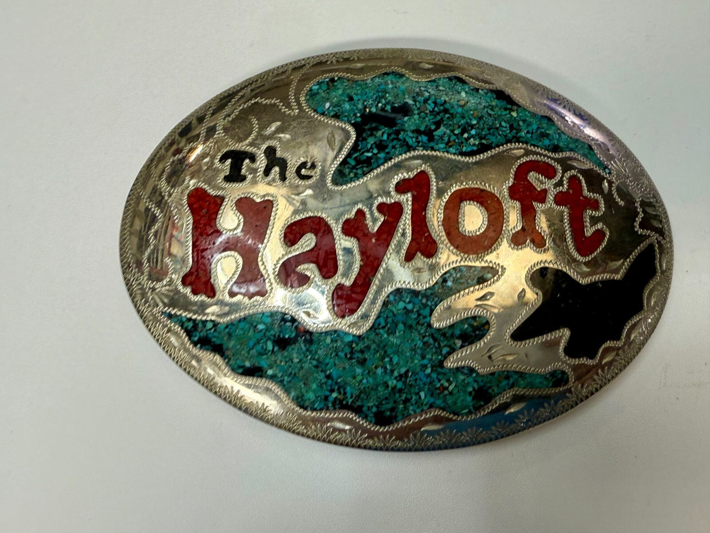 The Hayloft Large Turquoise Inlaid Champion's Choice Silver Belt Buckle CCS&S