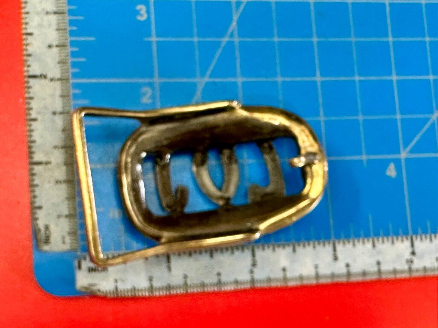 Vintage LVJ LUJ gold tone block letters cutout belt buckle