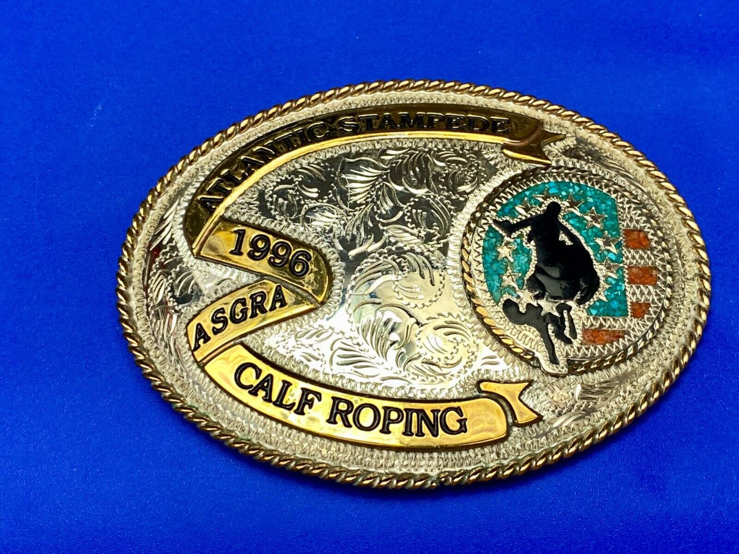 1996 ASGRA Calf Roping Atlantic Stampede turquoise coral belt buckle - JACKSON