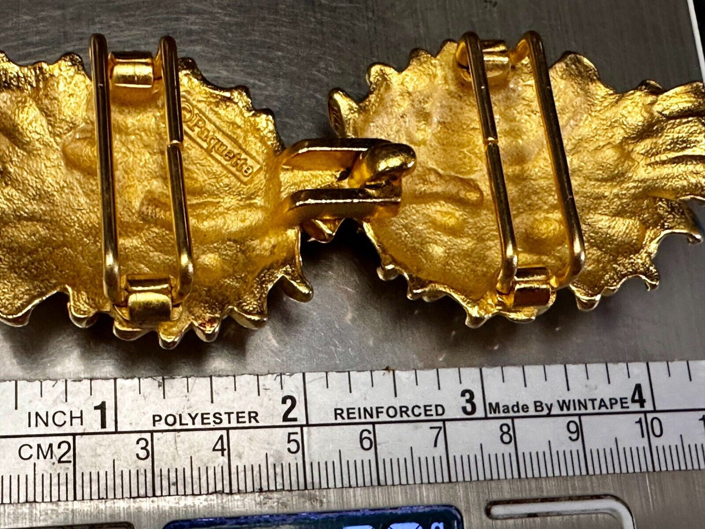 Textured Leaf Shaped Two Piece interlocking Gold Tone Belt Buckle by Paquette