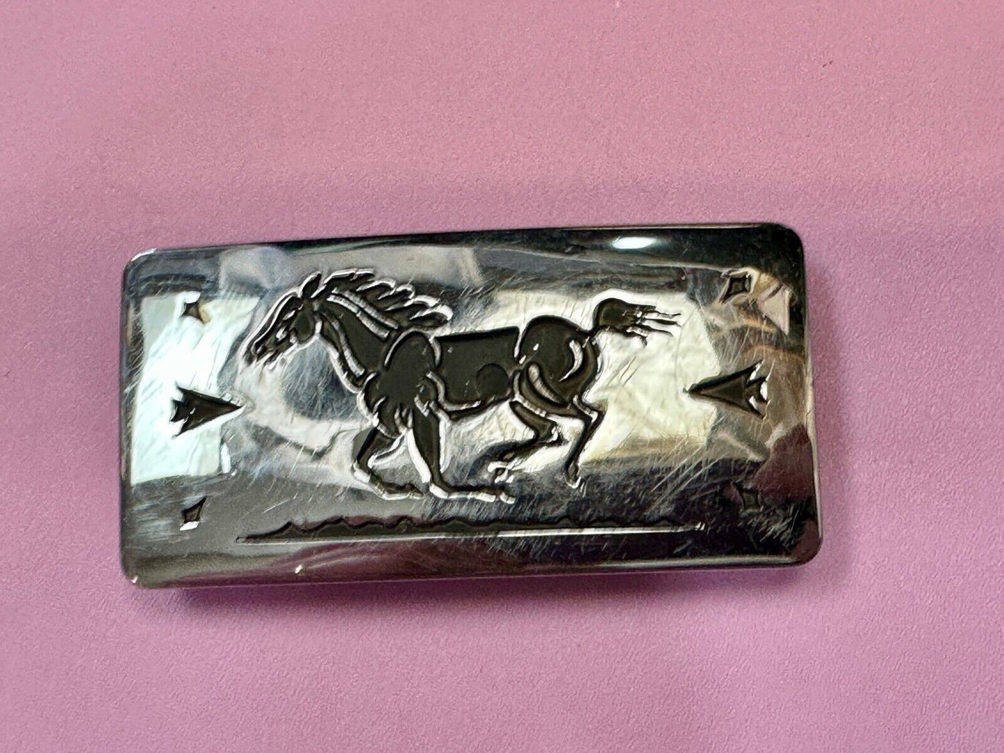 Vintage Chambers Horse Running Mustang W/ Arrows nickel silver Belt Buckle
