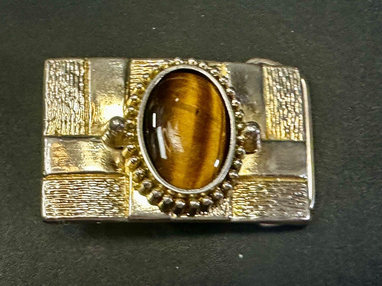 Tigers Eye Cabochon Stone Centerpiece on Western gold tone box theme Belt Buckle