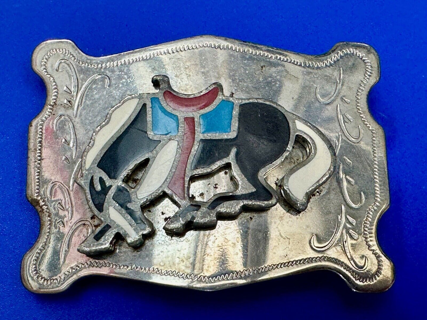 Vintage Cowboy's Horse Saddle Bronc western Inlaid enamel belt buckle