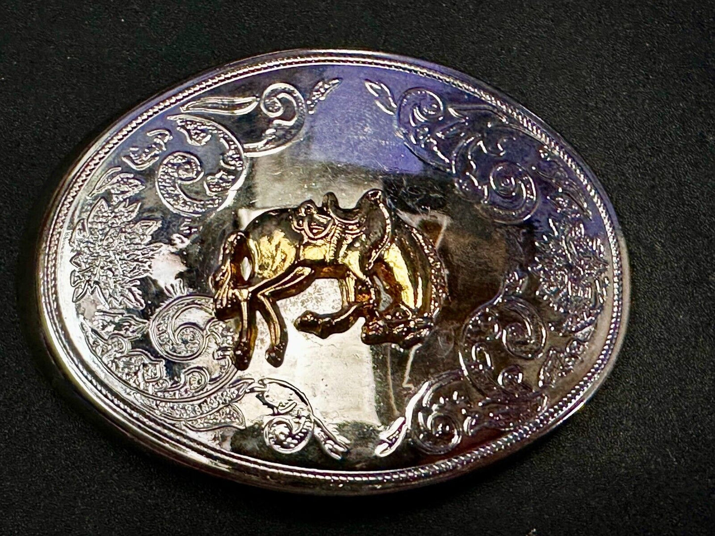 Vintage Cowboy Saddle Bronc Bucking Horse Two Tone Oval Engraved Belt Buckle