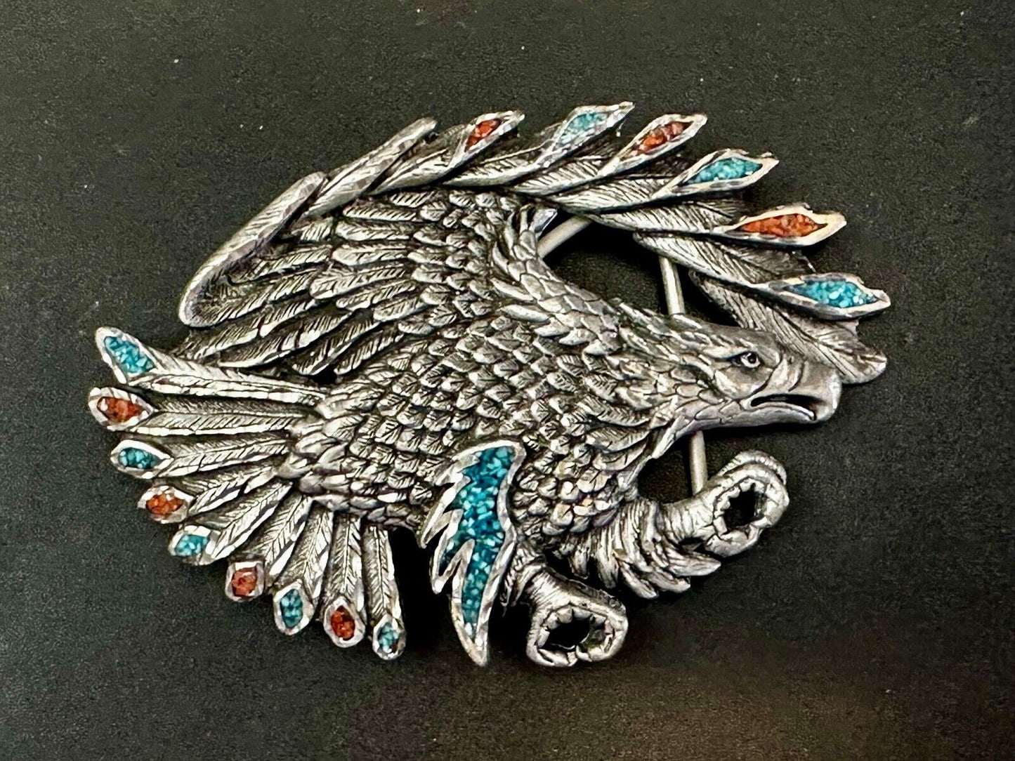 Turquoise Coral Cut Out Hunting Attacking Eagle 2002 Enchantment Belt Buckle