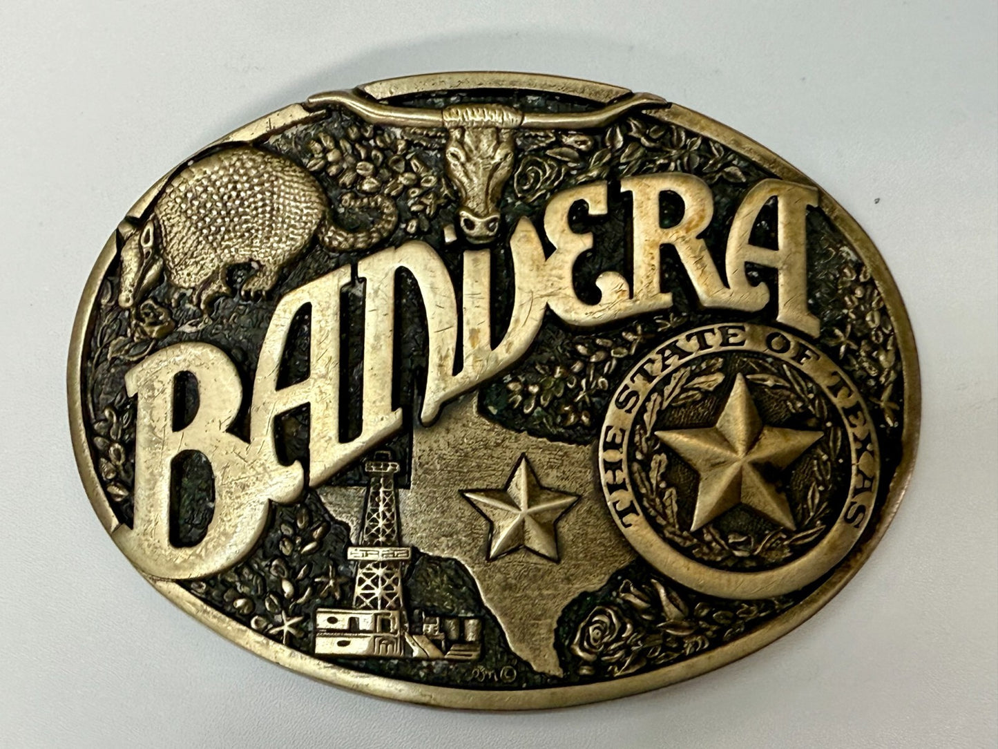 Bandera Texas State Seal , Oil, Star, Longhorn Vtg ADM Solid Brass Belt Buckle