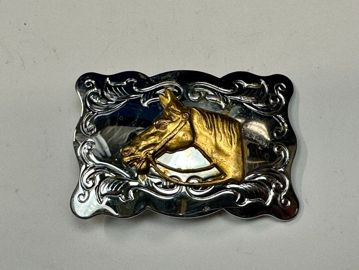 Vintage Chambers Horse head - two tone stamped rectangular belt buckle