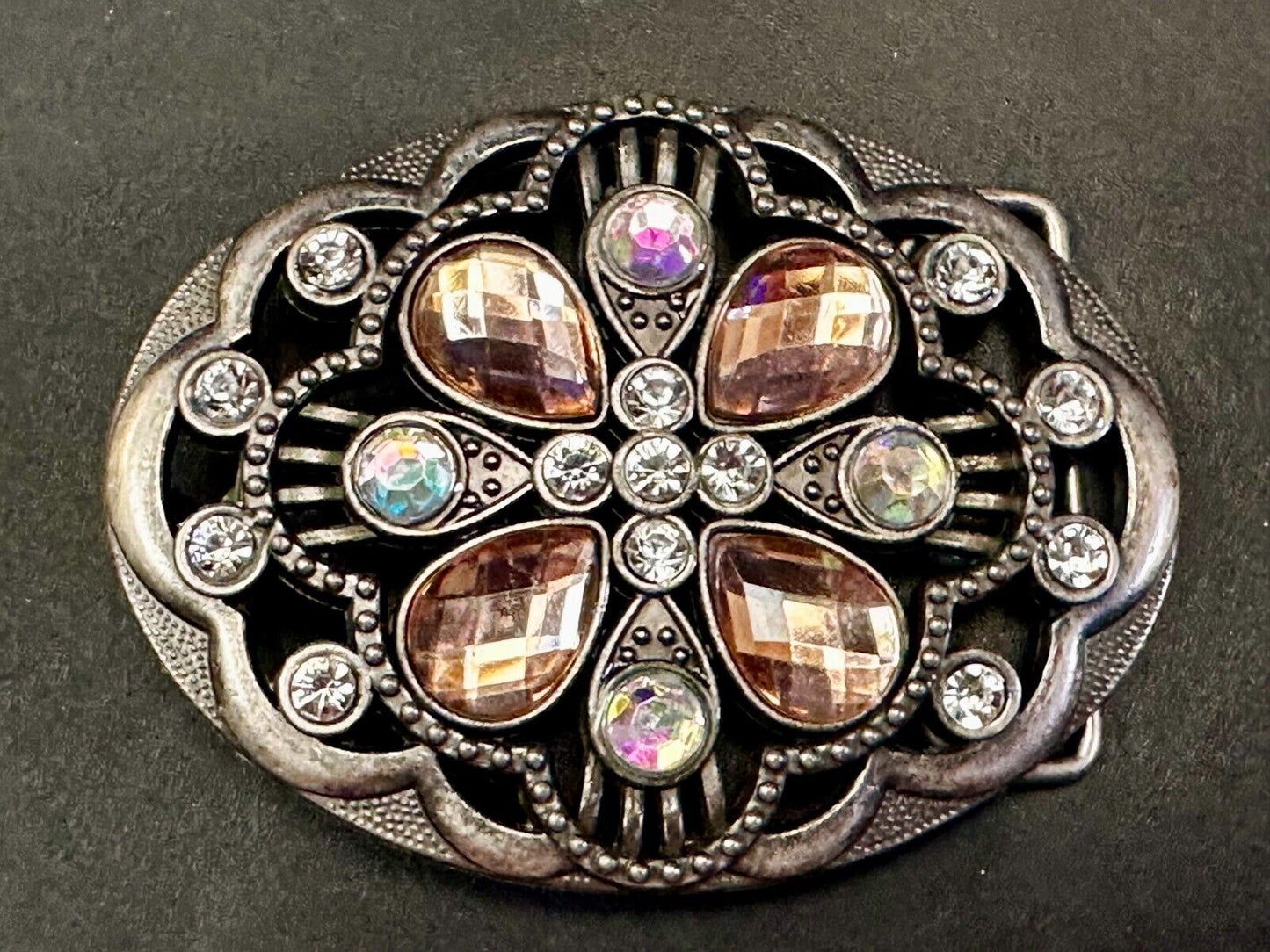 Beautiful Floral Design Silver Tone Metal W/ Rhinestones See Through Belt Buckle