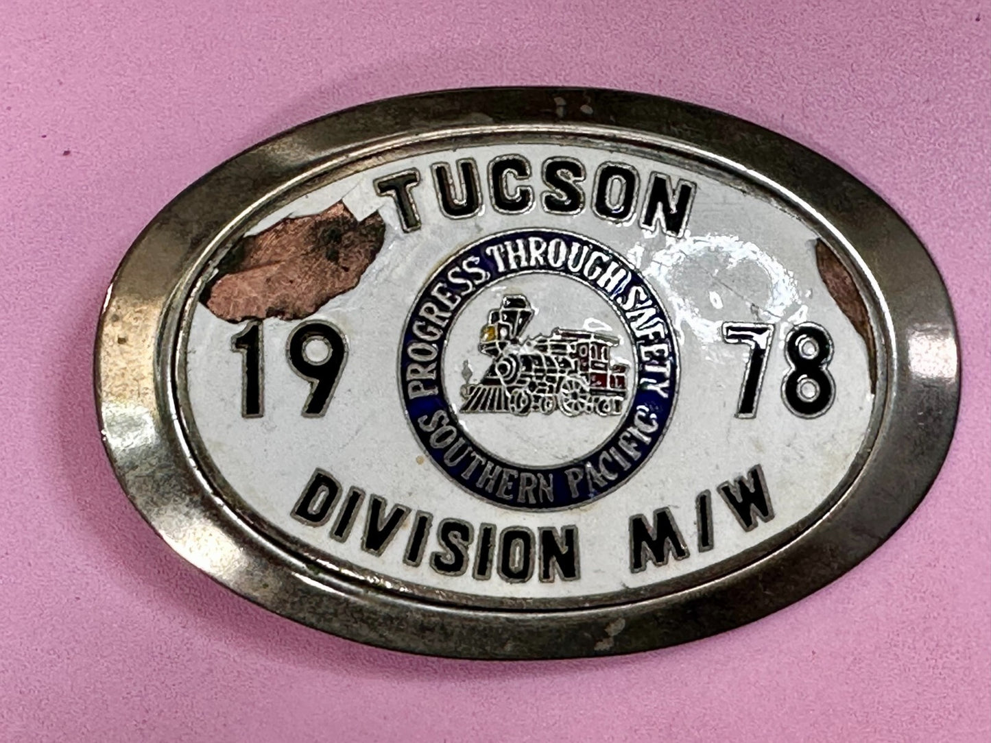 1978 Southern Pacific Tucson Division Railroad Safety Silver Tone Belt Buckle