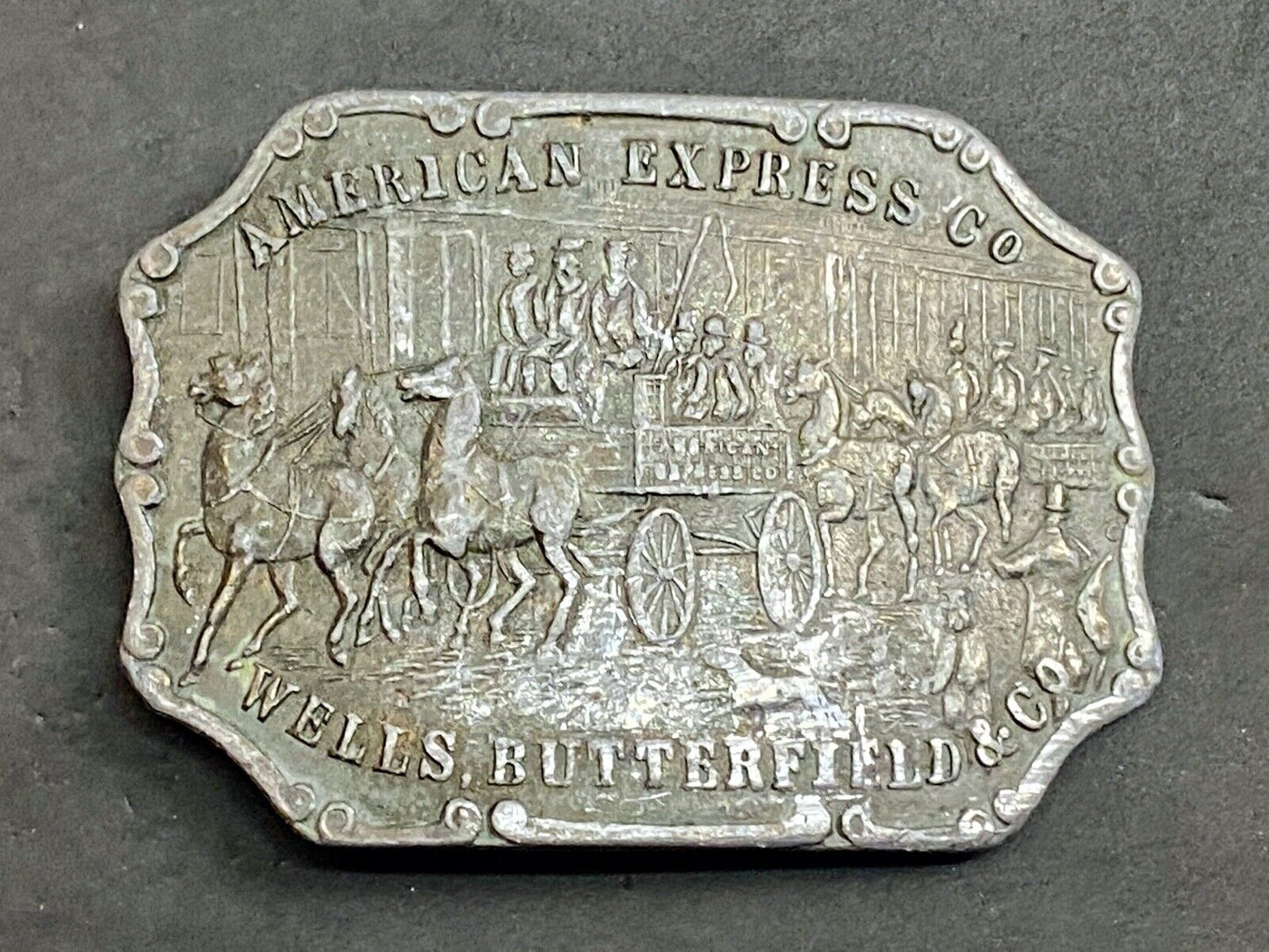 vintage american express wells butterfield belt buckle horses buggy - signed
