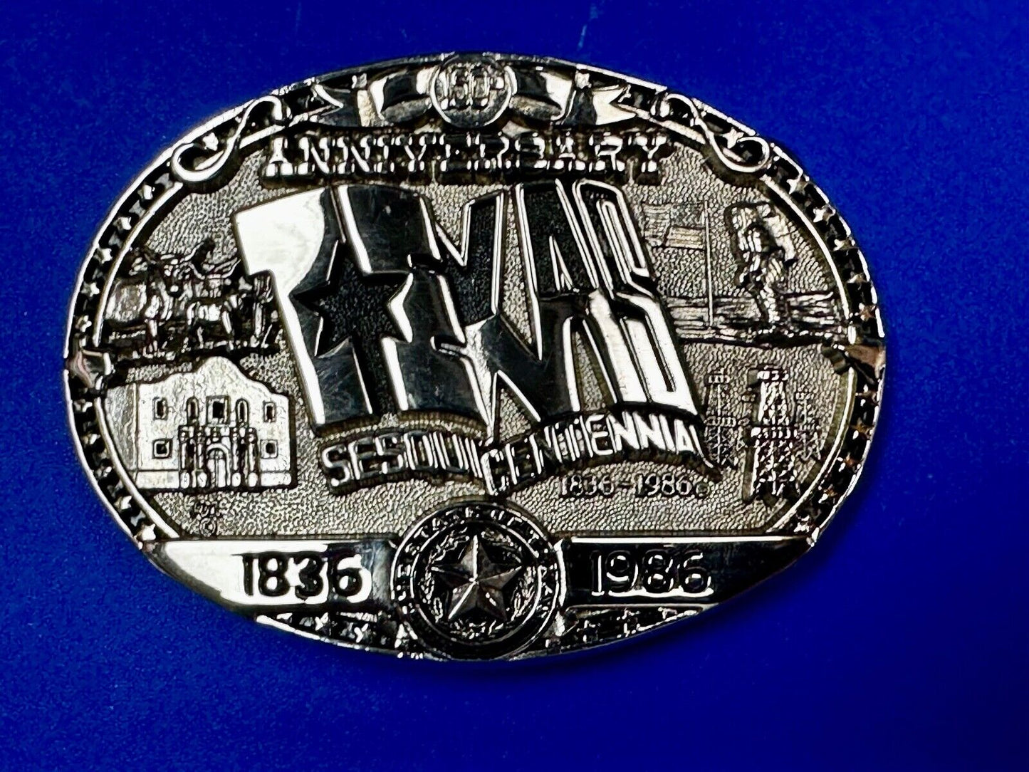 Texas Official 1986 Sesquicentennial ADM Belt Buckle - Oil rig, Alamo Lone Star