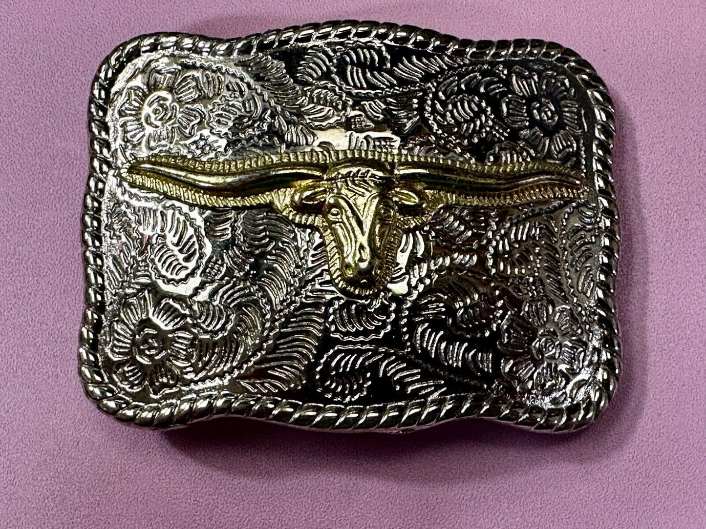 Texas Longhorn Rodeo Steer Bull Head Vintage Two Tone Small Cowgirls Belt Buckle