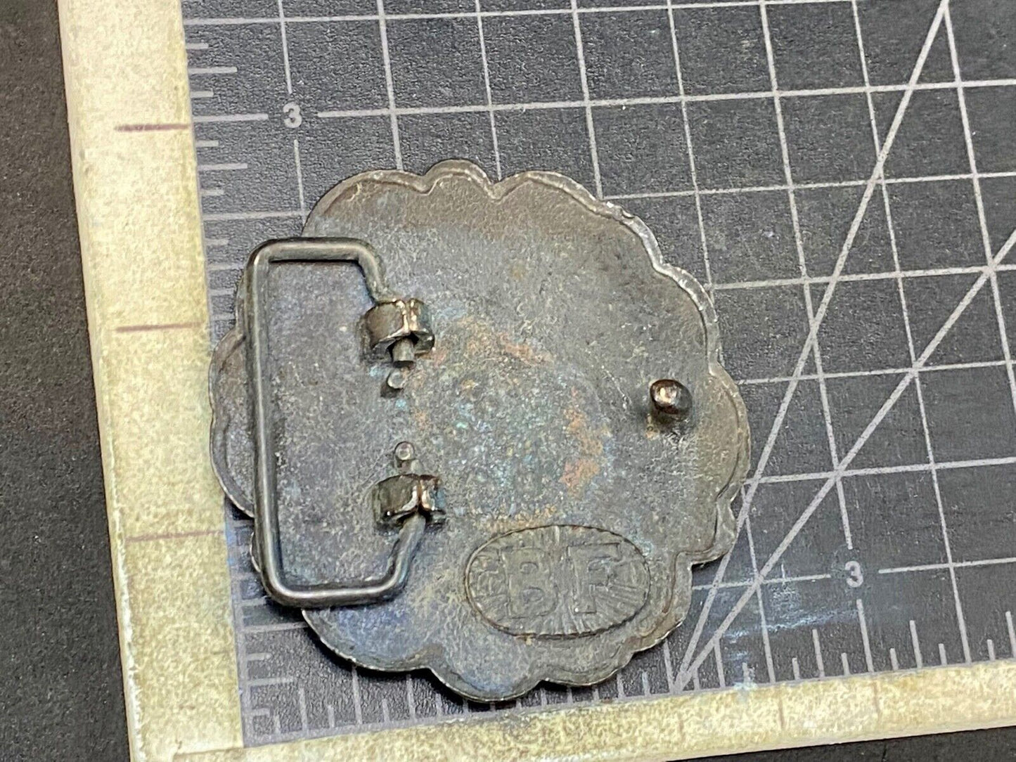 Vintage Antique? Black Flower belt buckle marked BF. - missing stones