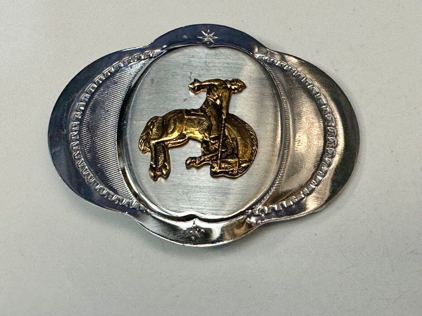 Vintage Cowboy Saddle Bronc western two tone unique shaped belt buckle