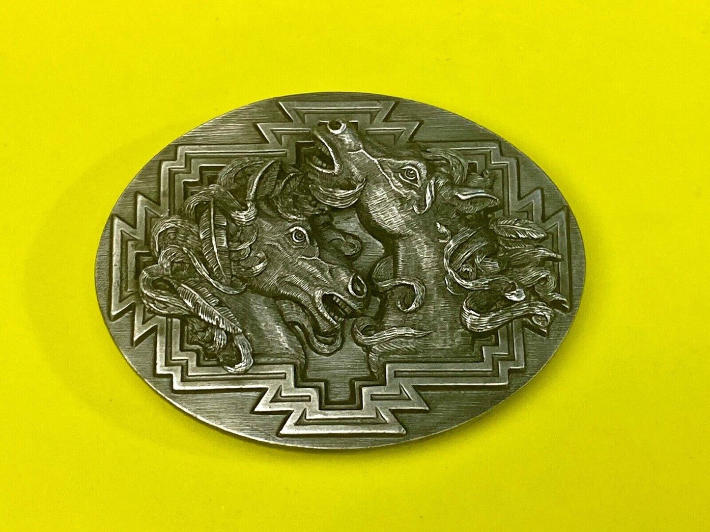 1995 Two Horse Head's Native American Indian Feather Bergamot B-256 belt buckle