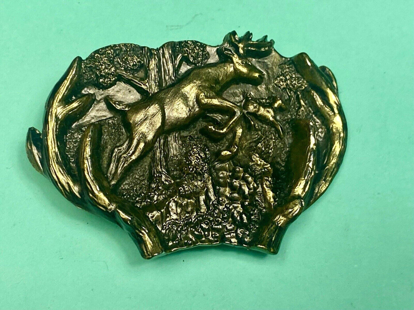 3D Buck Deer & Doe in woods - Vintage Belt Buckle 1982 Great American Buckle Co.