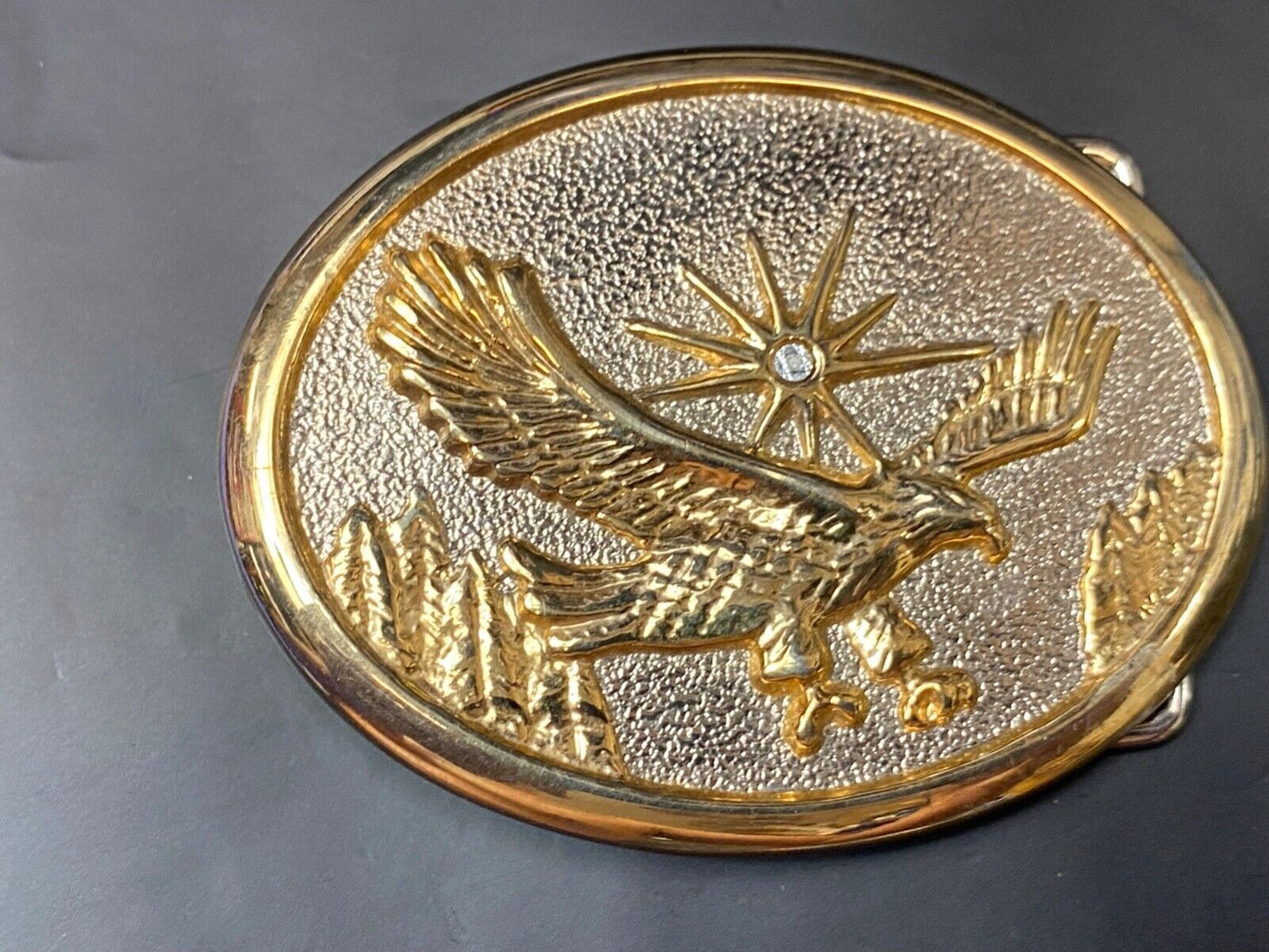 Vintage Eagle Flying Over Mountains With Sunburst two tone belt buckle