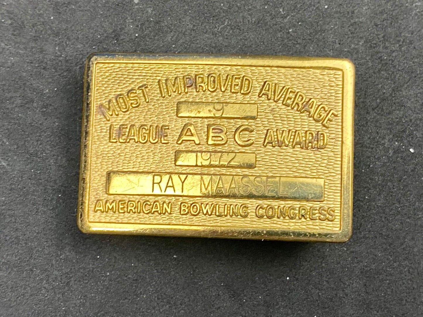Vintage ABC American Bowling Congress League Award gold tone belt buckle