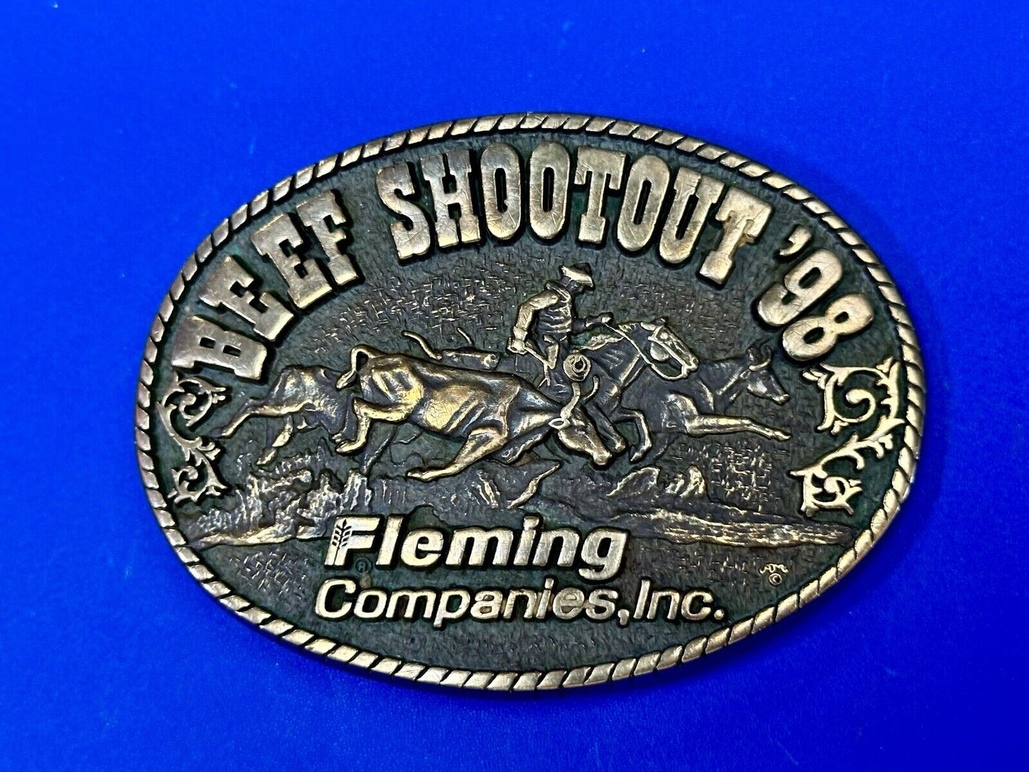 Beef Shootout 1998 Fleming Companies Inc Rodeo vintage ADM belt buckle