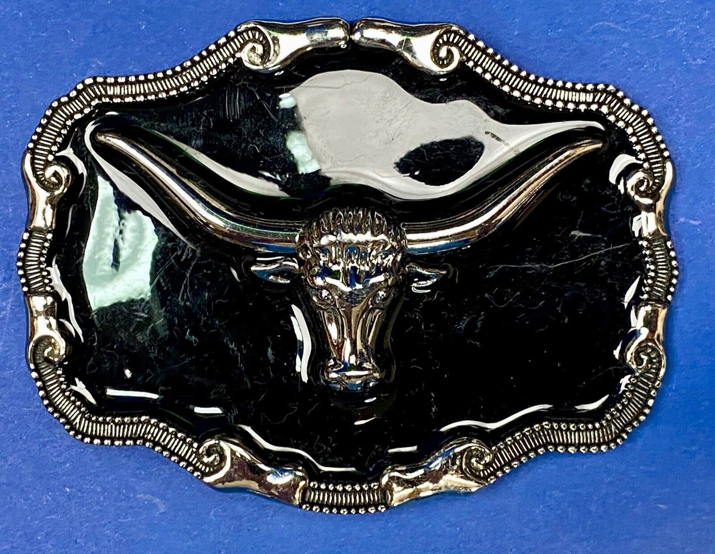 Black And Silver Color Texas Longhorn Bull Steer Western Framed Belt Buckle