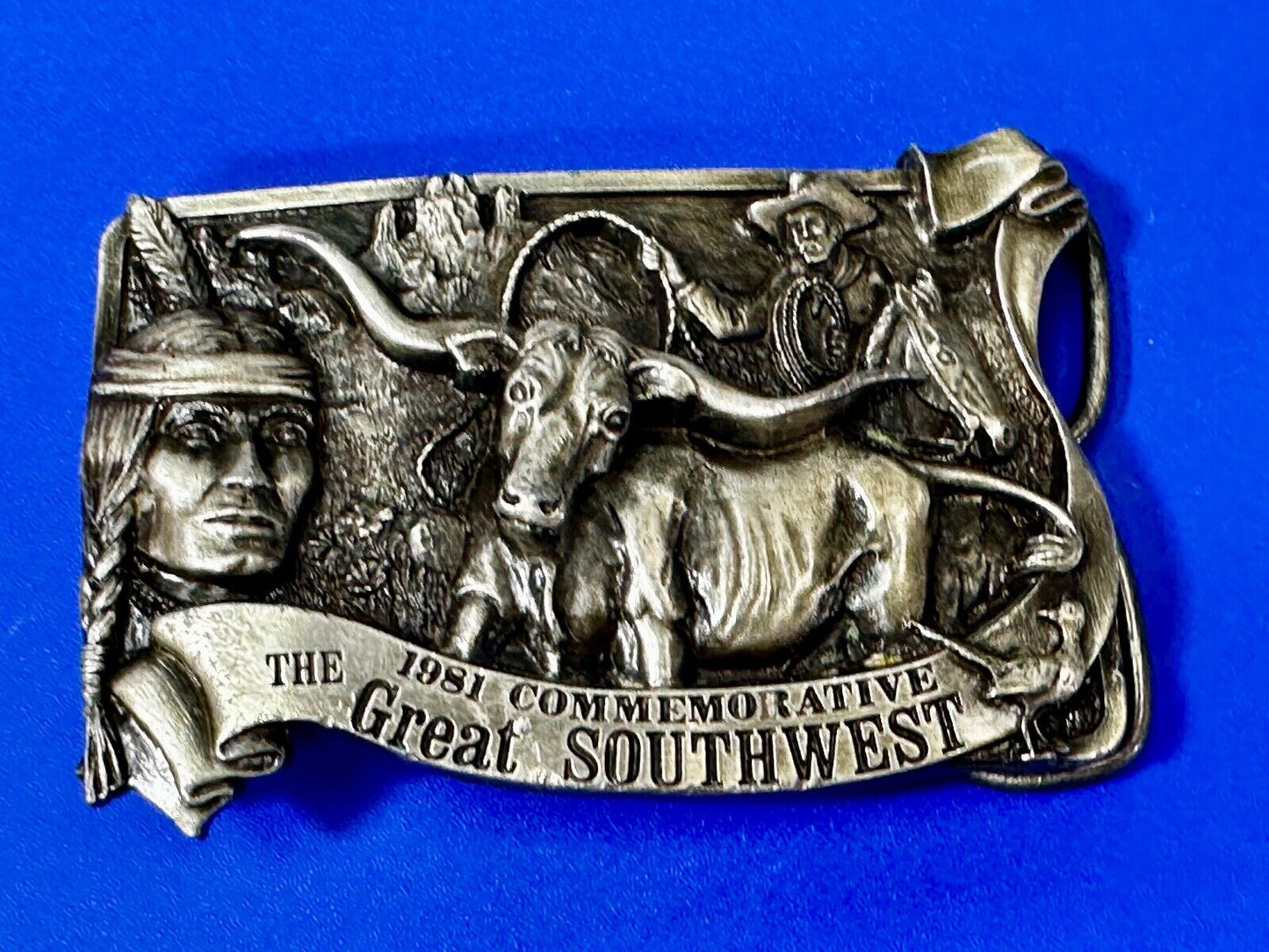 The Great Southwest Navajo Indian Hunter Commemorative Vintage 1981 Belt Buckle