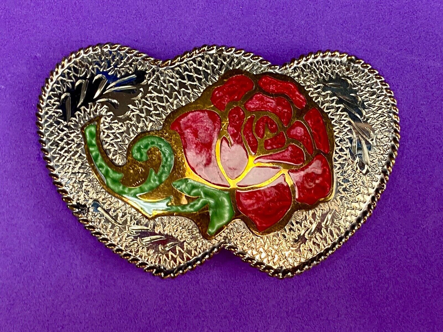 Beautiful J. TEDDER signed three HEART's and rose western belt buckle