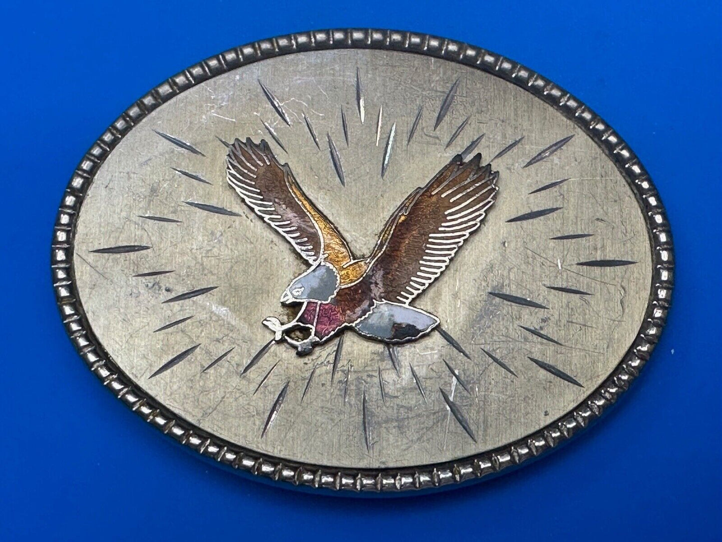 Vintage EAGLE flying High western etched Burst Pattern belt buckle Marked Taiwan