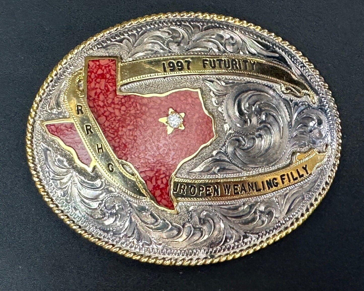 TEXAS Inlaid Coral Chip JR Open Weanling Filly 1997 Futurity Trophy belt buckle