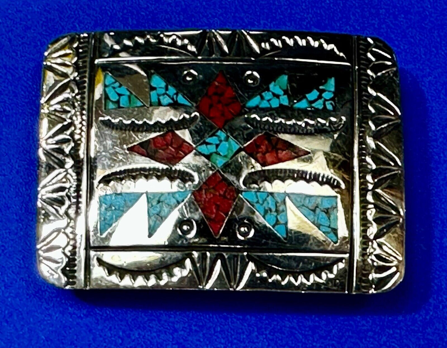 Turquoise & Coral Navajo / Native American Style Artisan 2" Belt Buckle