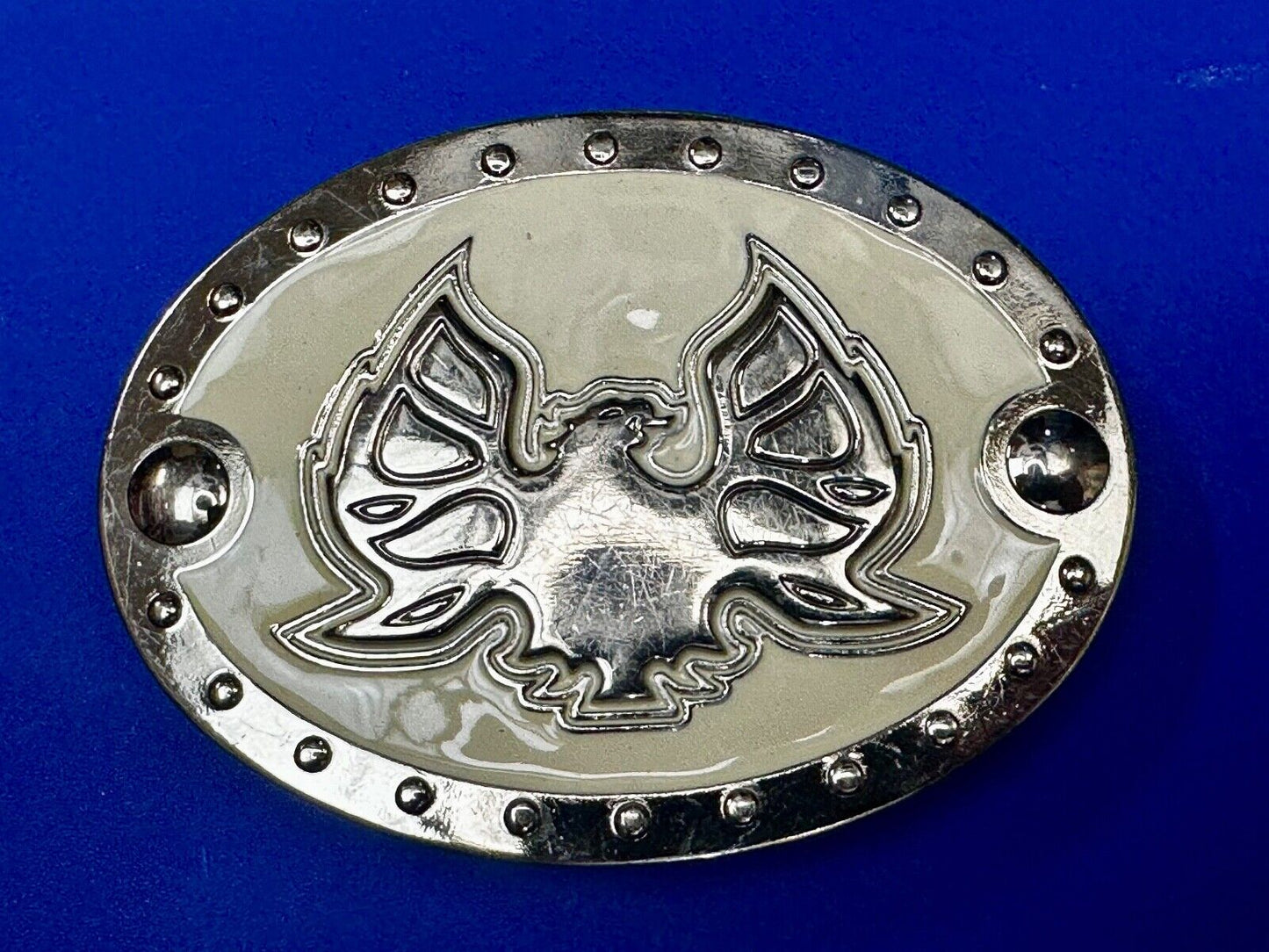 Thunderbird Eagle? Cream Color Enamel Studded Oval Silver Tone Belt Buckle