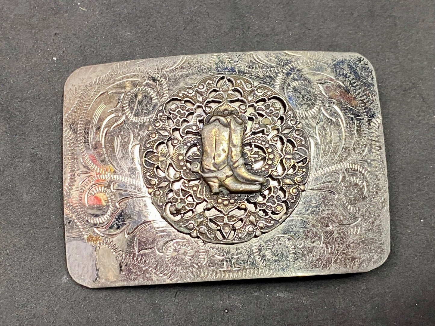 Beautiful Ornate Cowboy Boots W/ Spurs Western Vintage Flower Swirl Belt Buckle
