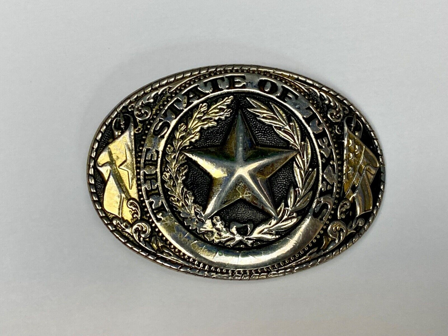 The Great State Of Texas Star & Olive Branch Western Oval Belt Buckle Stamped W