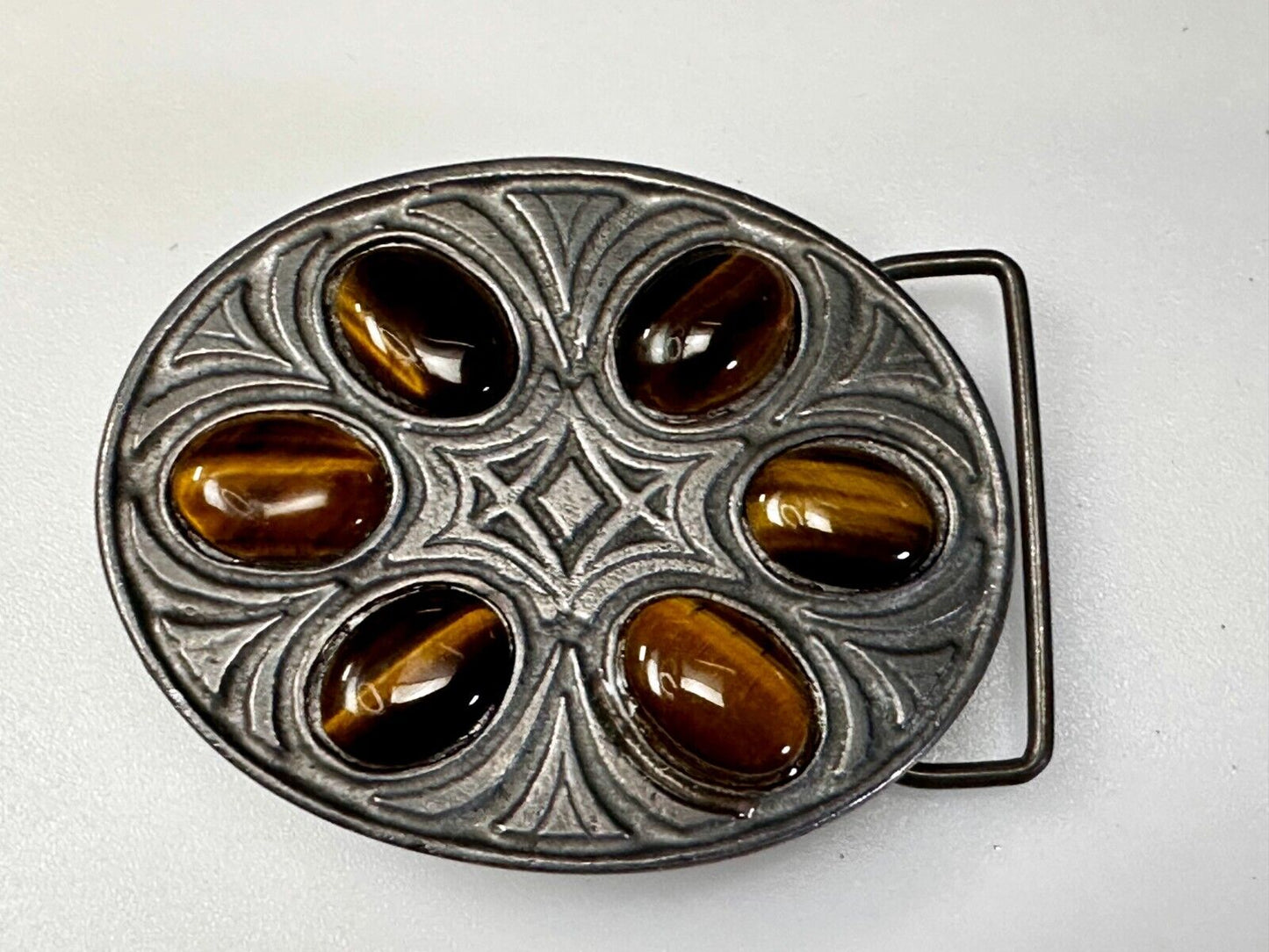 Tigers Eye Gemstones Cabs Native Indian Style? Vintage Pewter Oval Belt Buckle
